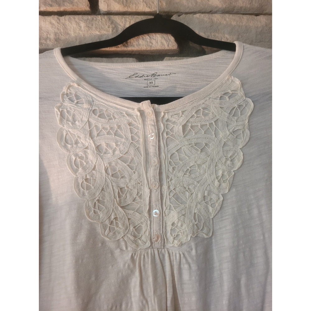 Eddie Bauer Size XsWomen's Long-sleeved 100% Cotton Lace Bib Blouse Creamy White